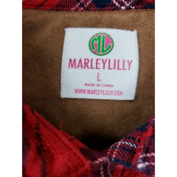 Marley Lilly Shirt Womens Lg Red Blue Button Up Monogram Pocket Blank - Picture 3 of 8
